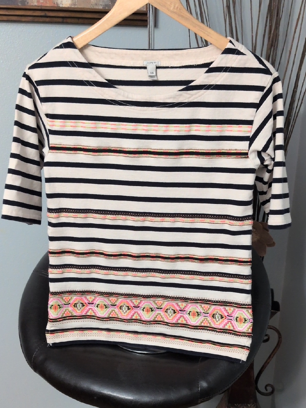 J. Crew Navy and Cream Striped Short-Sleeve Top with Multicolor Embroidery